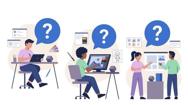 Creative Team Brainstorming Design Ideas, Asking Questions, Solving Problems