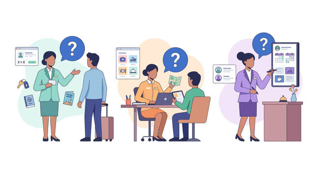 Hotel Staff Assisting Guests with Inquiries and Bookings, Customer Service Concept