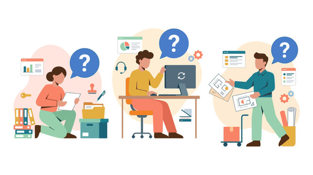 Business people working with documents and computers, questioning tasks