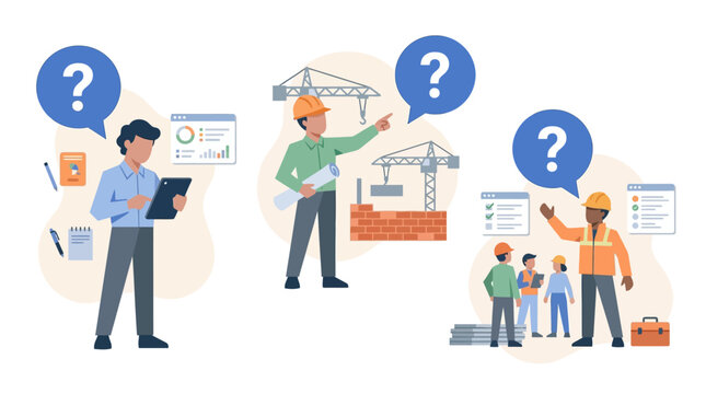 Construction team meeting, planning, and problem-solving with question marks