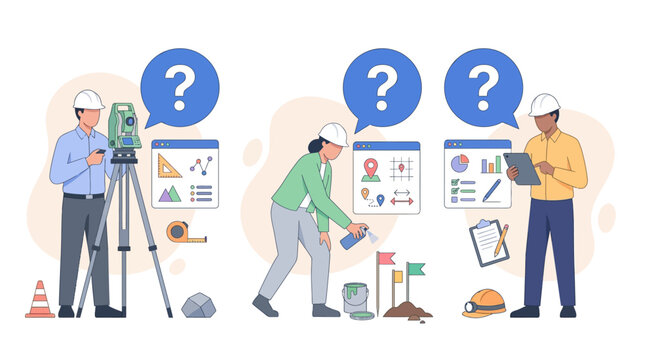 Construction Surveyors with Question Marks Illustrating Uncertainty in Project Planning