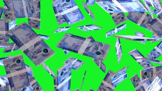 Jordanian Dinar  banknote packs falling loop. Jordanian Dinar money note fall. 3D seamless looped isolated abstract concept of economy, finance, crisis, success and banking on green screen