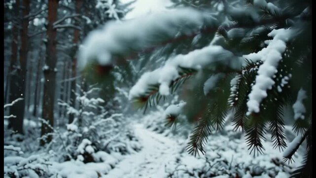 Snowy Forest Path, Pine Tree Branches Covered in Snow, Winter Nature Scene