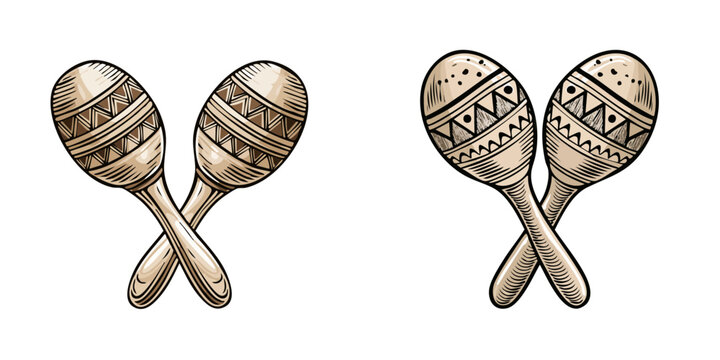 Set of two ornate maracas percussion musical instruments with decorative patterns in hand drawn style