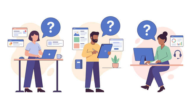 Teamwork and problem solving with questions and computers in office setting