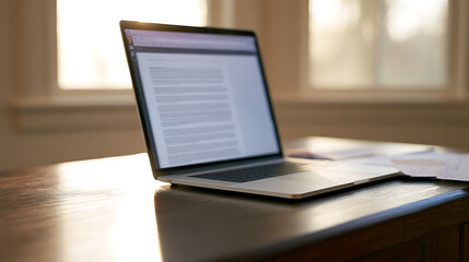 Fototapeta premium Open laptop on a wooden desk bathed in warm sunlight, perfect for remote work, study, or creative writing in a cozy home office setting
