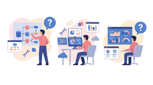 Data analysis and workflow management illustration, business process illustration