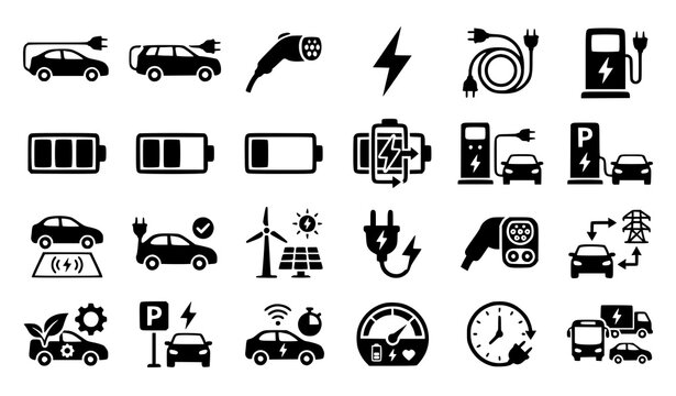 electric, ev, car, battery, charging, plug, lightning, charger, station, power, energy, cable, electricity, batterylevel, fastcharge, eco, mobility, transport, renewable, automotive, vector, icon, sil