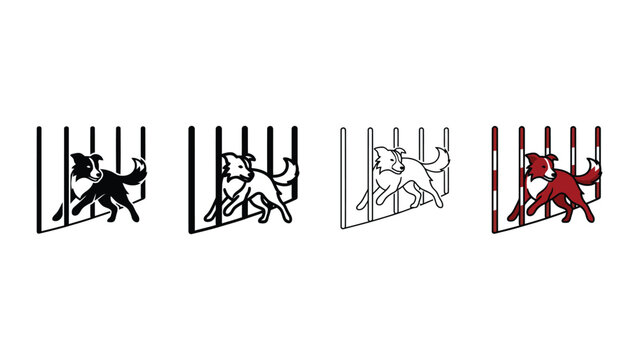 Four stages of a border collie jumping through a hoop illustrated in a linear style on a white background