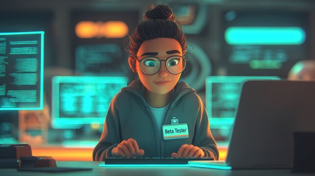 Beta tester name tag in a futuristic software development scene