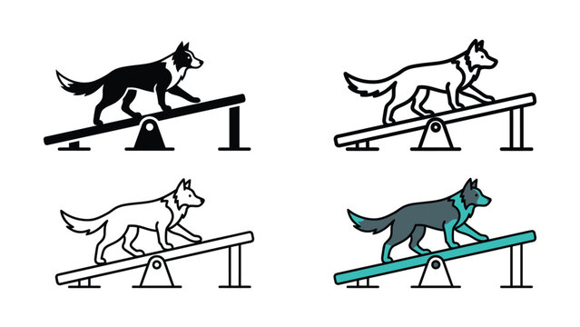 Border collie balancing on a seesaw in four different color variations vector illustration for playful animal concepts