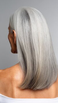 Older woman's back of head showing her healthy long gray hair flowing down her shoulder while embracing natural aging, self-acceptance, and hair care