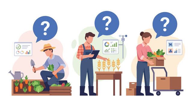 Farmers using technology for modern agriculture, data analysis, and crop management.