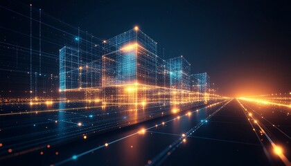 Fototapeta premium Futuristic Digital Architecture with Glowing Wireframe Buildings and Data Grid