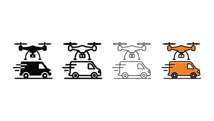 Four variations of delivery drones with vans in flat icon style on a white background for logistics and transportation concepts © Shafia