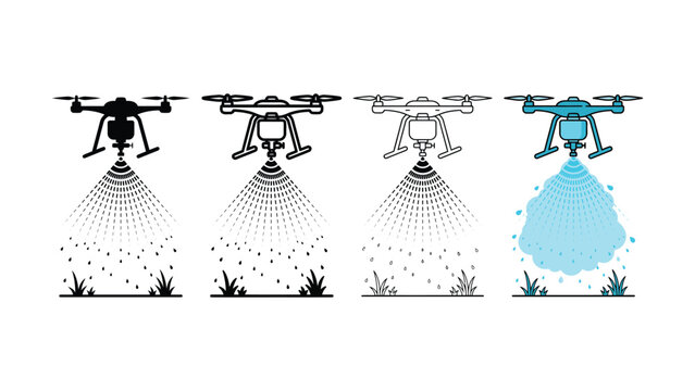 Four variations of drone spraying agricultural fields with differing detail and color on a white background