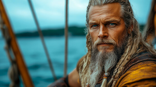 Portrait of rugged Viking warrior with long braided hair and beard, staring intensely while sailing on wooden ship across open sea under overcast sky atmosphere.