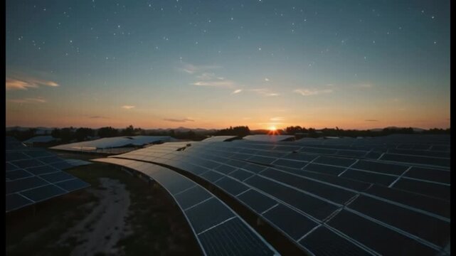 Solar Panel Farm at Sunset with Stars Renewable Energy Landscape