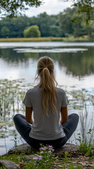 Fototapeta premium Peaceful woman with blonde hair sitting in meditative yoga pose on rock by serene lake, enjoying tranquility of nature during mindful wellness retreat outdoors.