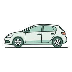 Fototapeta premium Side view illustration of a compact hatchback car in pastel mint green, stylized vector drawing showing two doors, alloy wheels, windows, mirrors and minimal shading on white