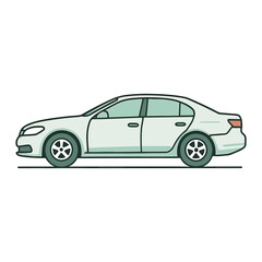 Fototapeta premium Side profile digital illustration of a modern light green four-door sedan, showing clean minimalist lines, subtle shading, alloy wheels and a streamlined body on white background