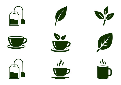 Set of 9 tea and herbal icons in line and solid style. Includes tea bag outline, tea leaves, tea plant, teacup with saucer, herbal tea cup, hot mug and steam.