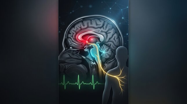 Color-coded medical brain scan showing the insula, brainstem, and vagus nerve pathway glowing in contrasting red, teal, and gold tones, with a heartbeat waveform and simplified body silhouette