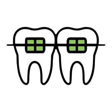 Illustration of two adjacent teeth fitted with orthodontic braces showing green rectangular brackets connected by a thin metal archwire symbolizing dental alignment and correction.