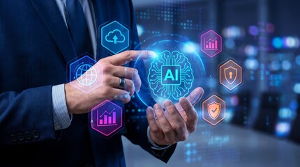Fototapeta premium A professional businessman in a tailored dark suit interacts with a glowing artificial intelligence interface featuring digital holographic icons and data
