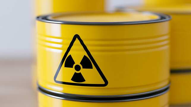 Yellow container with hazmat warning symbol on a reflective surface highlight dangers, toxic waste, and hazardous materials management closeup
