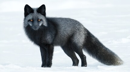 Fototapeta premium Calm melanistic fox in a wintry scene, high-detail illustration on a clean white background