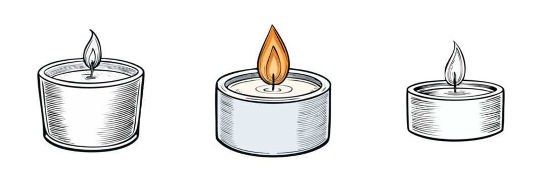 Set of three tea lights burning with gentle flames sketched in a charming illustrative style