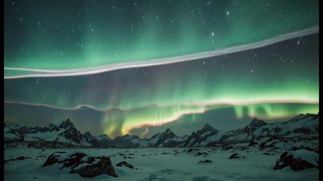 Stunning Aurora Borealis Over Snowy Mountains Northern Lights in Arctic Landscape