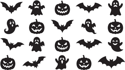 Obraz premium Spooky Halloween silhouettes of bats ghosts and pumpkins on a white background for festive decoration