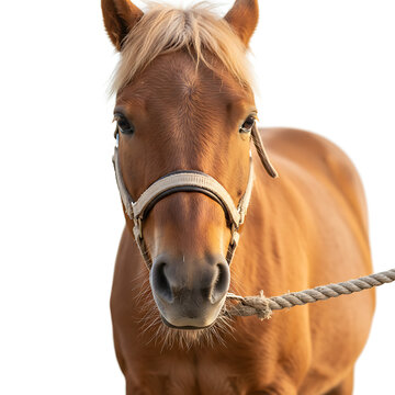 Brown horse standing with halter and rope on white background  