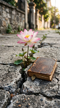Lotus Flower Growing Through Concrete Beside Book Symbolizing Resilience and Learning