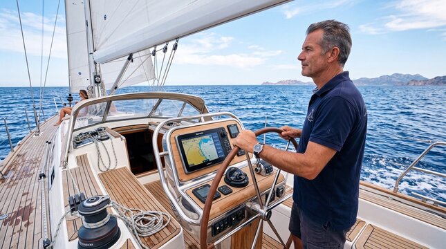 Skipper at the helm of a yacht in the ocean
