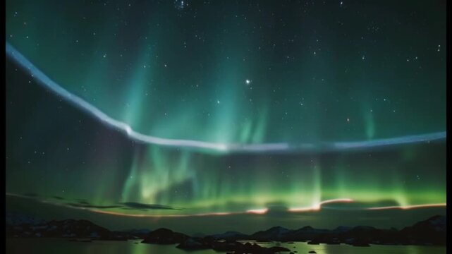 Aurora Borealis Over Arctic Landscape, Ethereal Green Northern Lights in Starry Night Sky