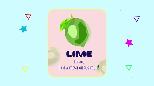 Fig fruit flashcard motion graphics animation with floating geometric shapes