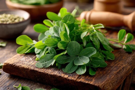 Leafy fenugreek herb close-up for culinary use in warm kitchen light