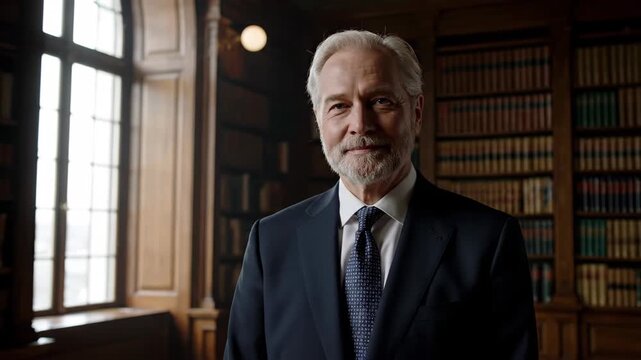 Standing in the interior of a elderly man in a suit, elegant old religion in the library