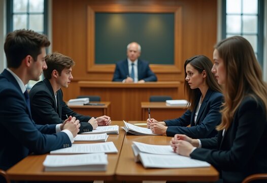 Law School Mock Courtroom Session Intense Moot Practice Legal Consultation Assertive Debating Action