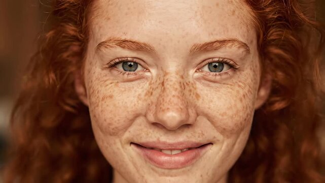 Close-up of a red-haired freckled woman, close-up of a red-haired freckled girl smiling