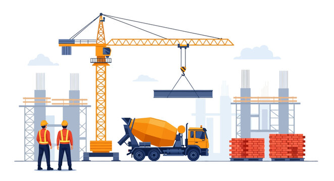 Construction site with a large crane, cement mixer truck, and workers building new urban structures.