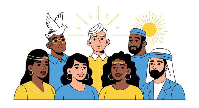 Diverse group of people from various cultures and religions standing together in unity and peace with spiritual symbols.
