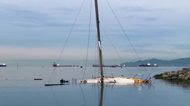A sunken sailboat sits awash beside a rock breakwater, mast standing, cargo freighters anchored across hazy English Bay with the North Shore mountains beyond