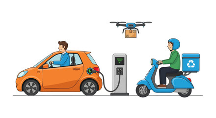 Naklejka premium An illustration depicting an electric car charging at a station, a delivery scooter rider, and a drone delivering a package, showcasing modern and sustainable transportation.