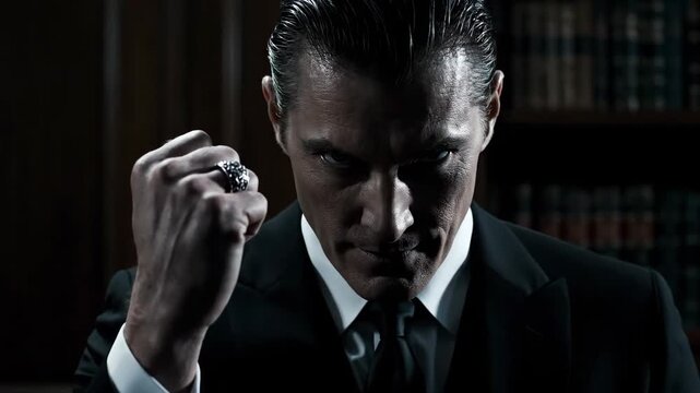 The man in the suit stares seriously at the camera, the man in the suit makes a special index finger gesture