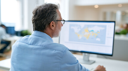 Fototapeta premium Professional man focus on computer screen with global map data in modern office environment, senior executive analyze business information