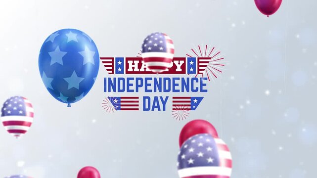 Happy Independence Day Patriotic Typographic Logo with Flying American Flag Balloons on White Backdrop